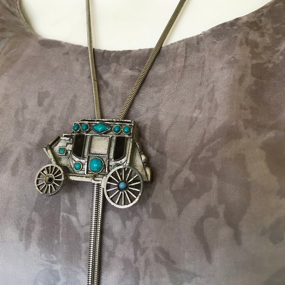 Stagecoach Bolo Tie Western Silver-tone Bola Chain Faux Turquoise Stones - Picture 1 of 5